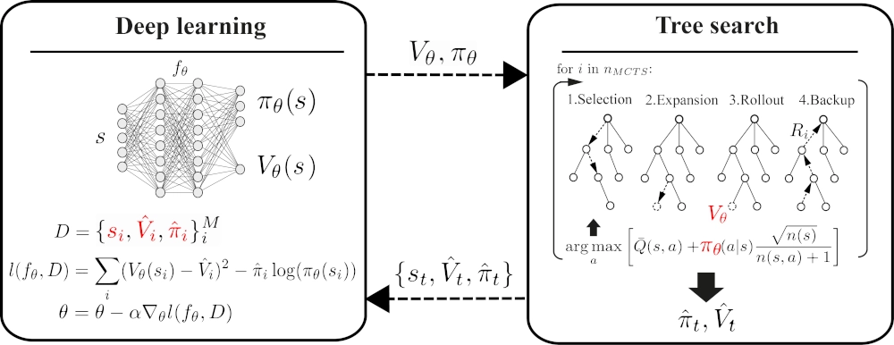 Schematic of the iterative learning loop between deep network and tree search in AlphaZero